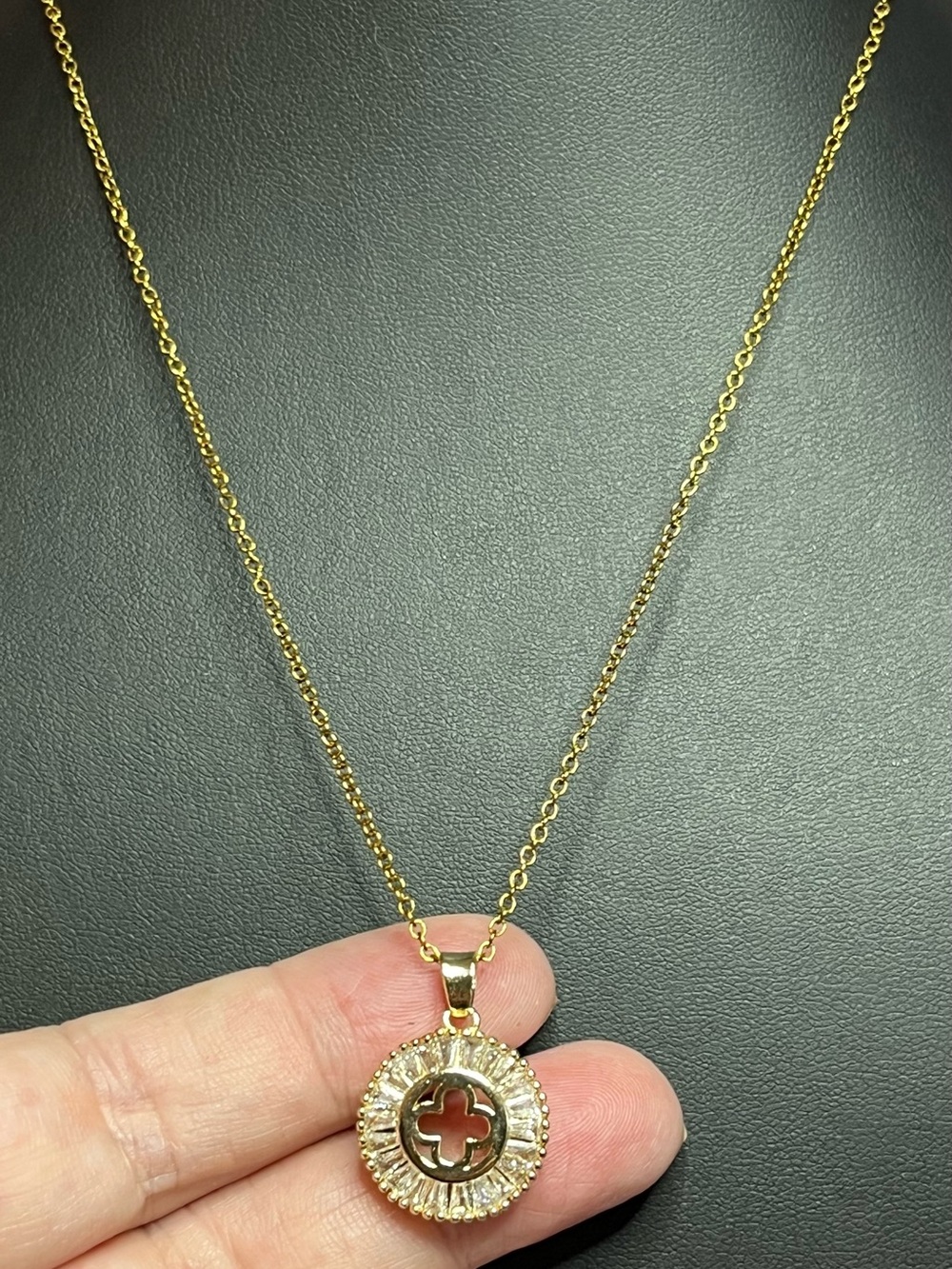 Elegant Gold-over Stainless Round Clover Sparkle CZ Pendant Necklace 16-18”